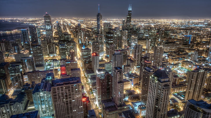 aerial photography of cityscape during night, building, HDR, lights