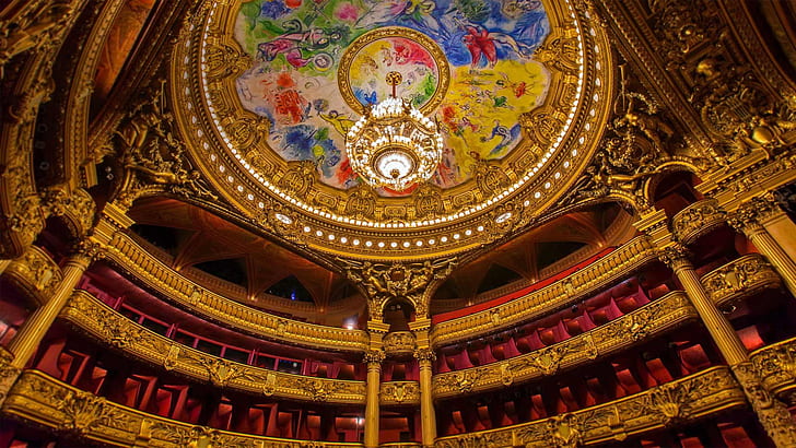 France, Paris, the ceiling, chandelier, theatre, painting, Marc Chagall, HD wallpaper