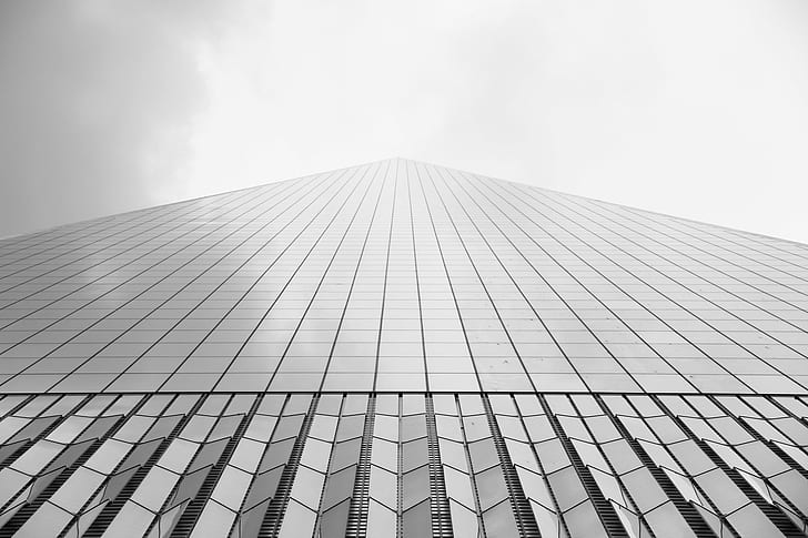 glass window paneled skyscraper, One World Trade Center, blackwhite