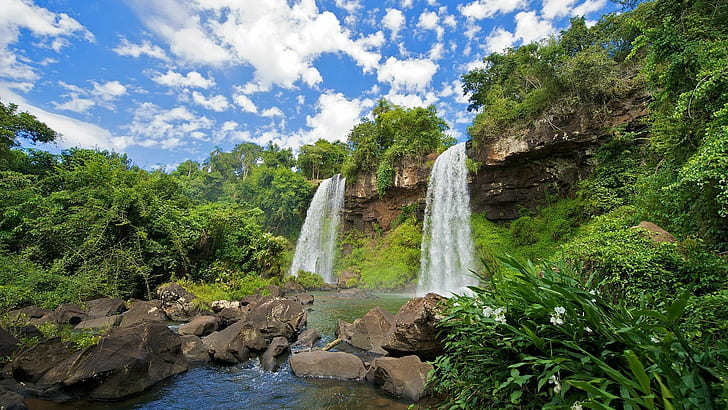 Waterfall Tropical Forest Jungle Rocks Stones HD, nature, HD wallpaper