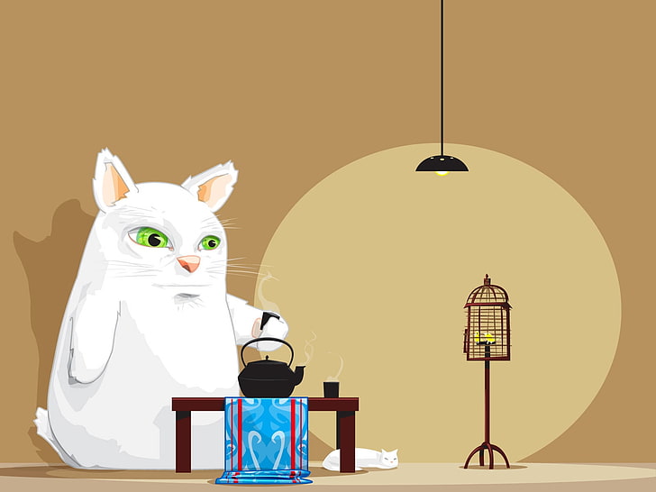 white cat drinking coffee illustration, animal, tea, room, tea party