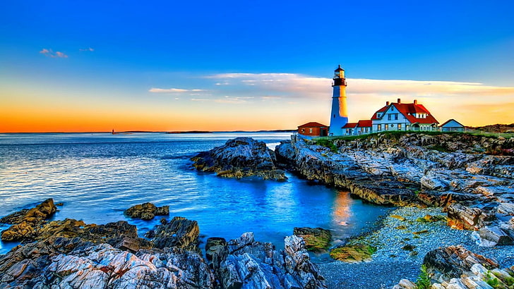 coast, tower, portland head light, sky, sea, lighthouse, shore, HD wallpaper