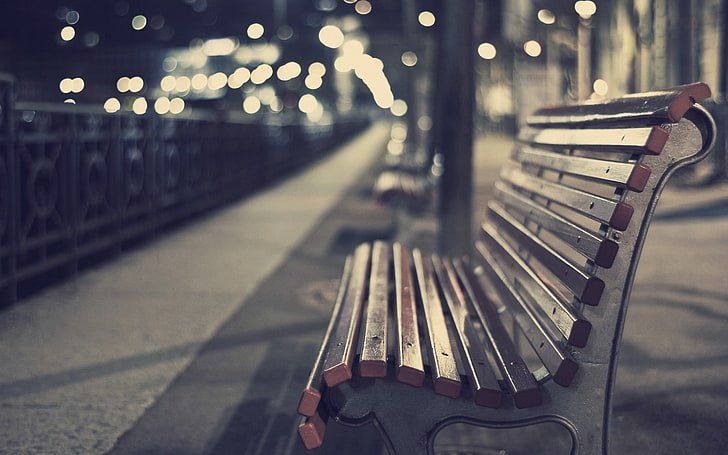 brown wooden bench, filter, focus on foreground, seat, night, HD wallpaper