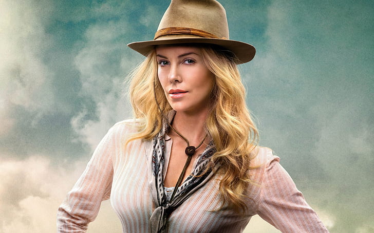 Charlize Theron in A Million Ways to Die in the West, women's white dress shirt and brown cowboy hat, HD wallpaper