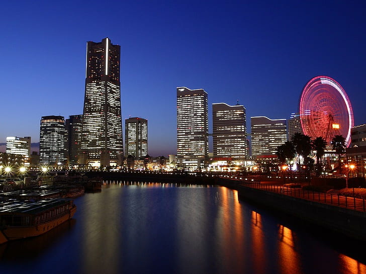 city, cityscape, city lights, ferris wheel, Yokohama