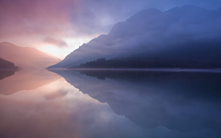 silhouette of mountain, landscape, mist, mountains, river, water