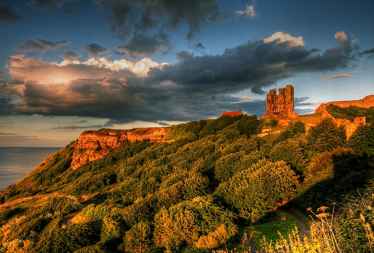 aerial view of mountain and rock formation, Castle, ruins, Scarborough  Yorkshire