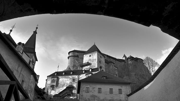 architecture, castle, ancient, tower, Slovakia, monochrome, HD wallpaper