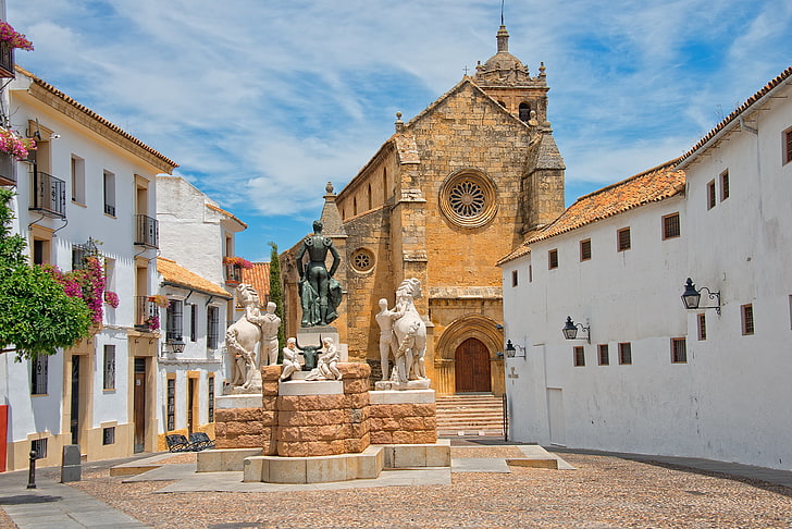 black and white statues, the sky, home, area, Church, Spain, Cordoba, HD wallpaper