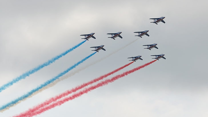 gray fighter planes, airshows, airplane, contrails, smoke, Patrouille de France