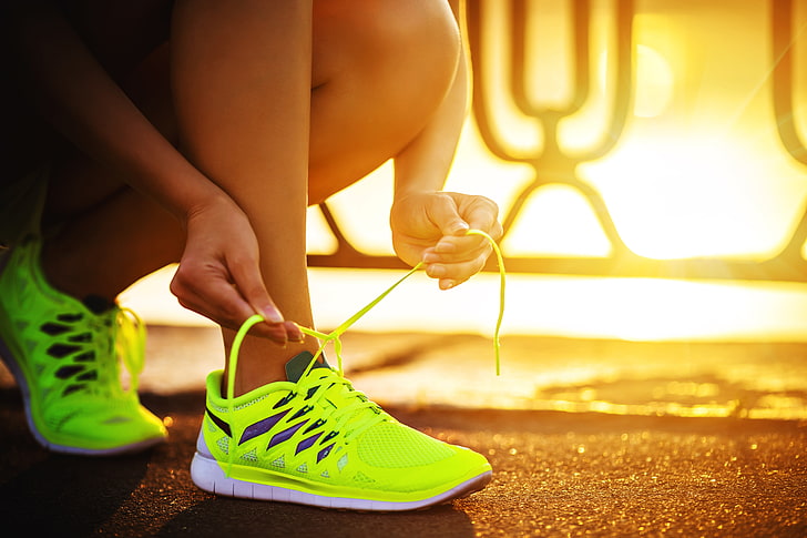 person tying shoe lace, running, shoes, Sun, sunset, neon, human body part, HD wallpaper
