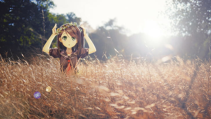 Kantoku, grass, sun rays, anime girls, schoolgirl