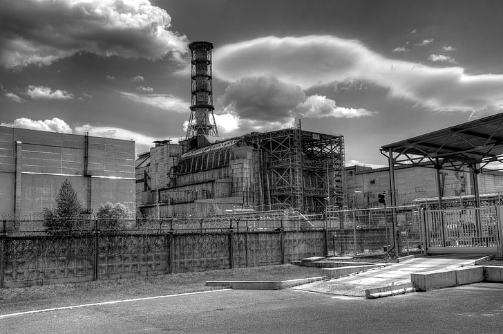 concrete building, the fence, b/W, Chernobyl, the sarcophagus, HD wallpaper