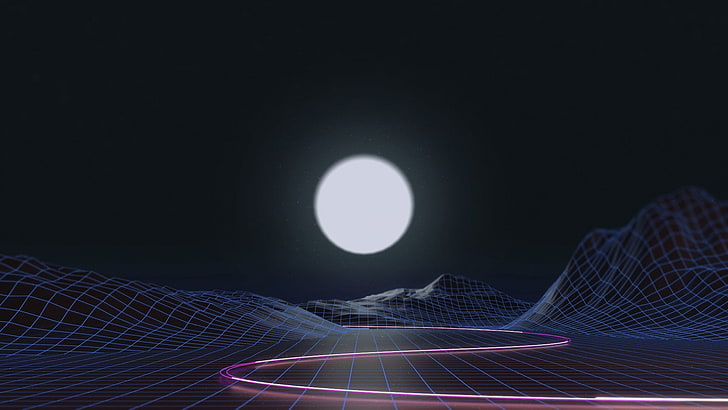 full moon illustration, vaporwave, wireframe, synthwave, Retrowave