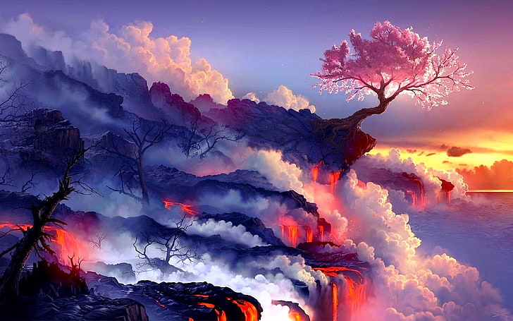 pink sakura tree wallpaper, sunset, fantasy art, lava, trees HD wallpaper