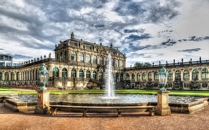 Zwinger Palace, Dresden, Germany, houses, fountain, clouds