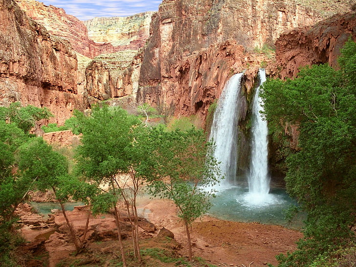 Havasu falls, Arizona, Canyon, Trees, Greens, rock, water, scenics - nature