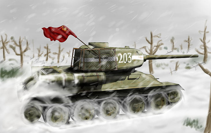 green battle tank wallpaper, winter, snow, figure, art, USSR, HD wallpaper