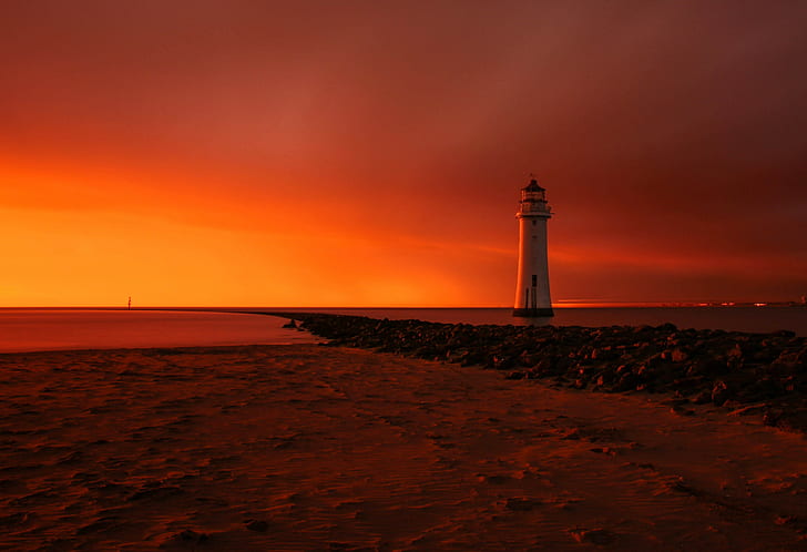 Perch Rock lighthouse, white lighthouse, beach, dawn, HD wallpaper