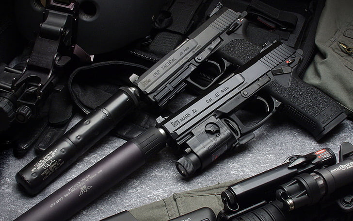 two black semi-automatic pistols with silencers, gun, Heckler and Koch