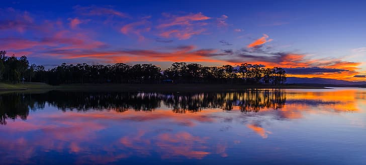 trees, sunset, lake, reflection, Australia, Queensland, QLD, HD wallpaper