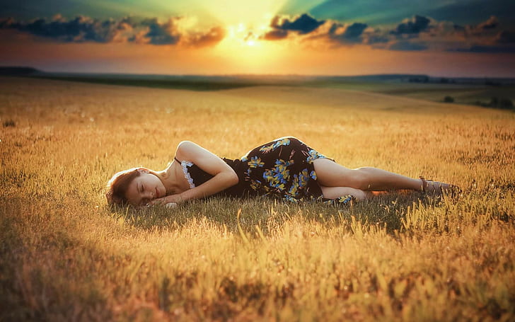 women, field, summer  dress, lying down