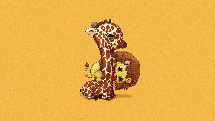 giraffe and lion illustration, animals, minimalism, yellow background