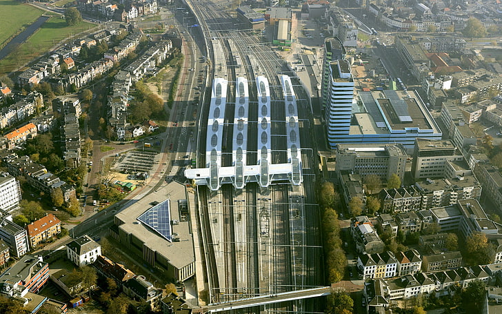 brown concrete building, train station, city, aerial view, Europe, HD wallpaper