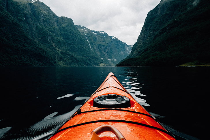 orange canoe, nature, canoes, mountains, water, kayaks, lake