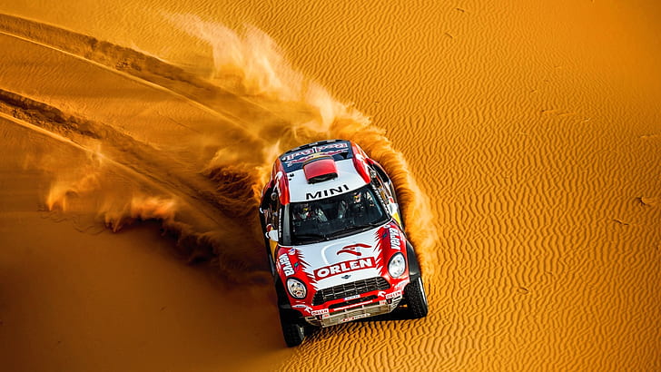 Rally, race cars, desert, sand, vehicle, Red Bull, Mini Cooper