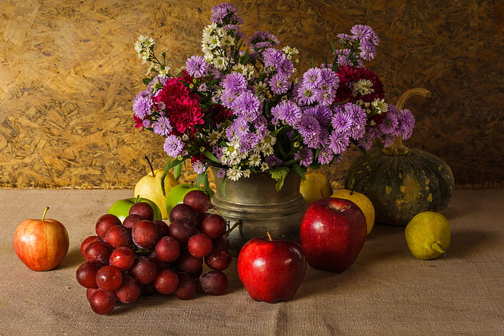 flowers, apples, bouquet, grapes, pumpkin, fruit, still life