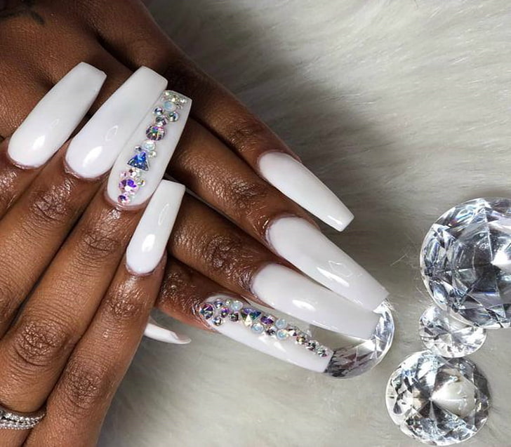 Milky White Nails with Rhinestones Part 2 | Gel nails, Casual nails,  Rhinestone nails