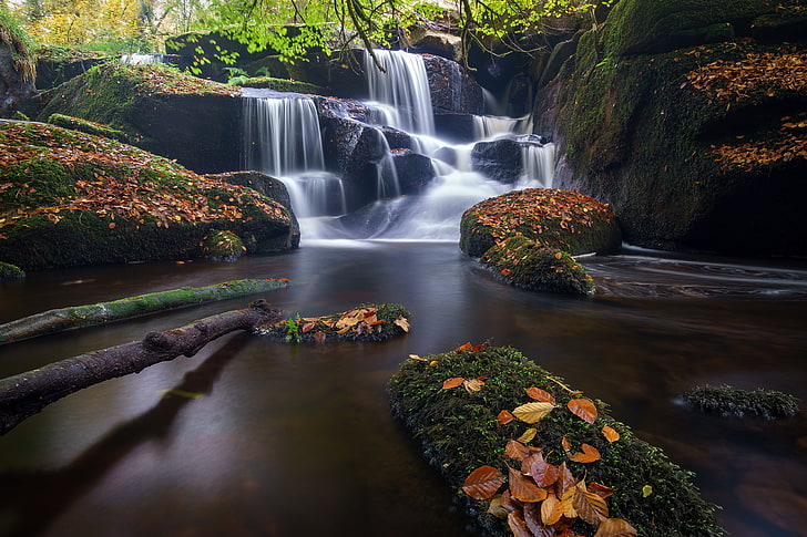 autumn, leaves, river, stones, France, waterfall, cascade, Brittany, HD wallpaper