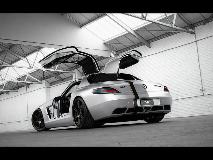 Mercedes Gullwing SLS AMG HD, silver coupe, cars