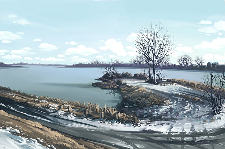 anime landscape, winter, snow, lake, tree, sky, cold temperature