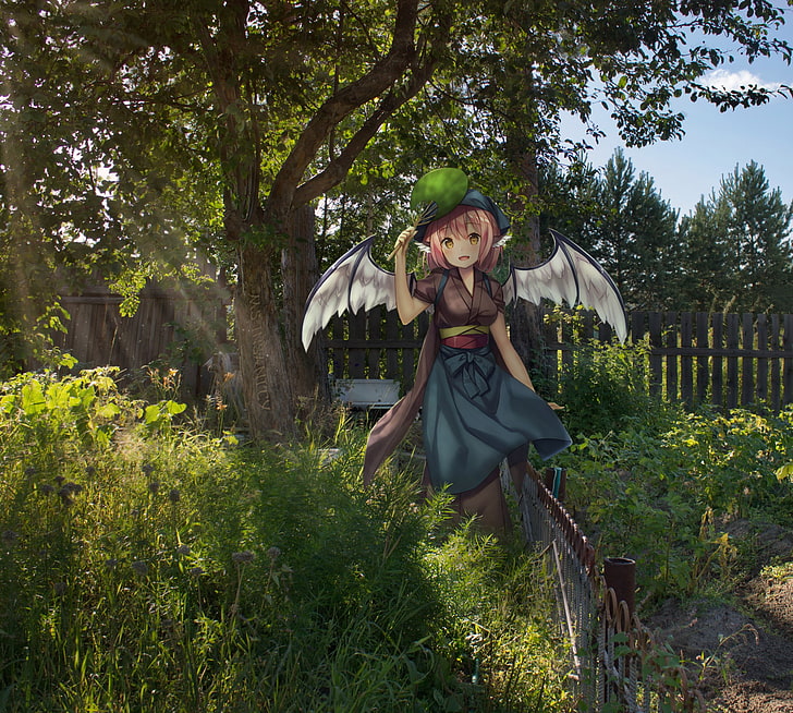 anime girls, wings, plant, tree, real people, one person, nature, HD wallpaper