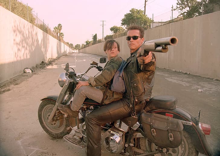 the city, street, glasses, motorcycle, shotgun, Arnold Schwarzenegger