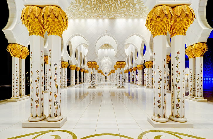 columns, architecture, UAE, The Sheikh Zayed Grand mosque, Abu Dhabi