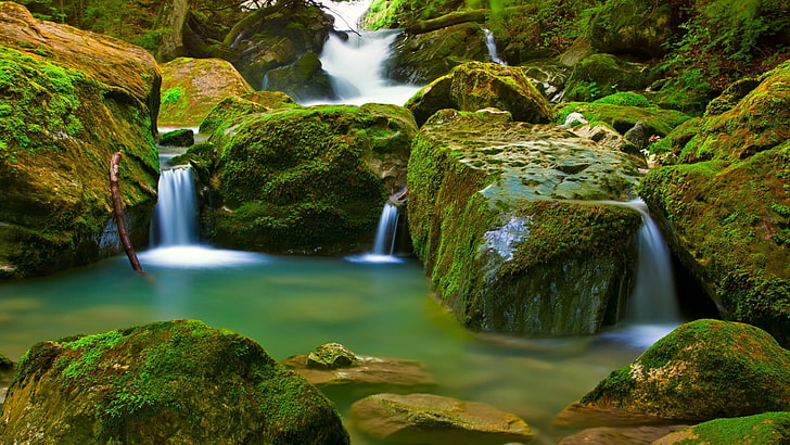 waterfall, nature, river, stream, rock, forest, stone, landscape, HD wallpaper