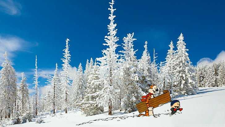 Calvin and Hobbes, cartoon, trees, blue, winter, HD wallpaper