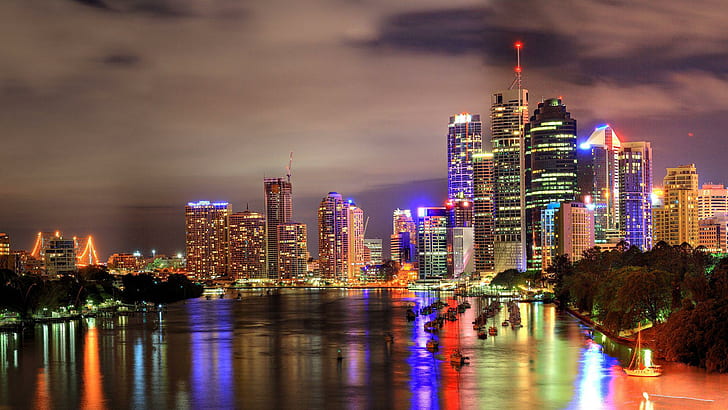 Brisbane, lighted city during nighttime, world, 1920x1080, australia