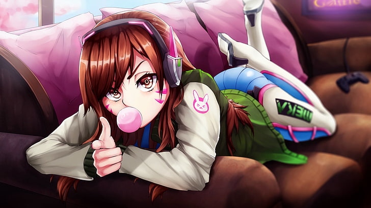 red-haired female anime character, Overwatch, D.Va (Overwatch), HD wallpaper