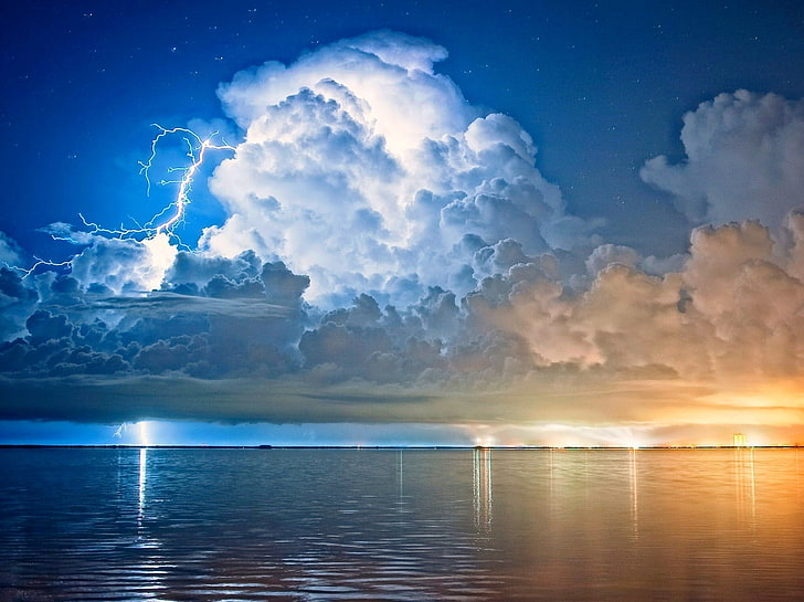body of water, lightning, clouds, storm, starry night, Cape Canaveral, HD wallpaper