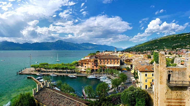 landscape, nature, lake garda, Italy, sky, water, architecture, HD wallpaper