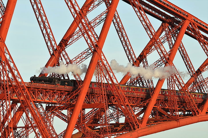 bridge, red, metal, vehicle, train, steam locomotive, sky, low angle view