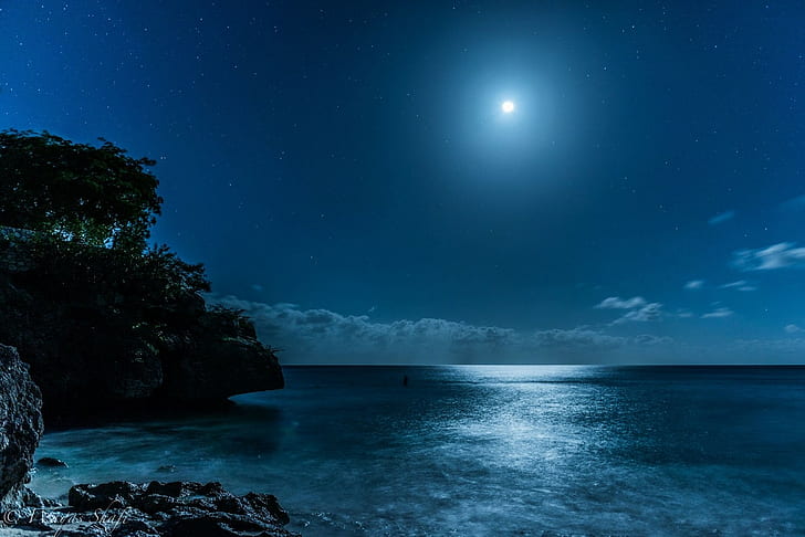 island, landscape, beach, blue, moonlight, sea, nature, starry night, HD wallpaper
