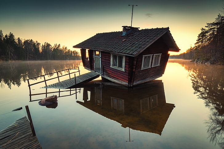 brown wooden cabin, brown and black wooden house on body of water, HD wallpaper