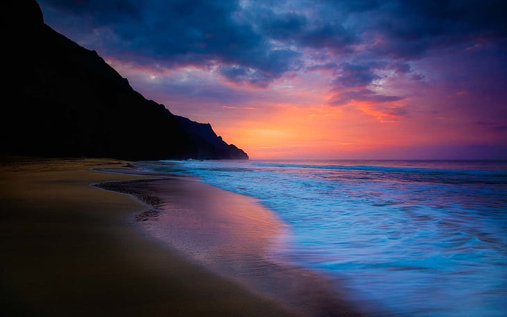 Sea beach sunset, purple and blue sky, clouds, coast