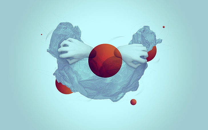 red, blue, hands, circle, abstract, digital art, no people