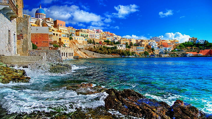greece, sunshine, summer, sea shore, holiday, city, syros, body of water, HD wallpaper